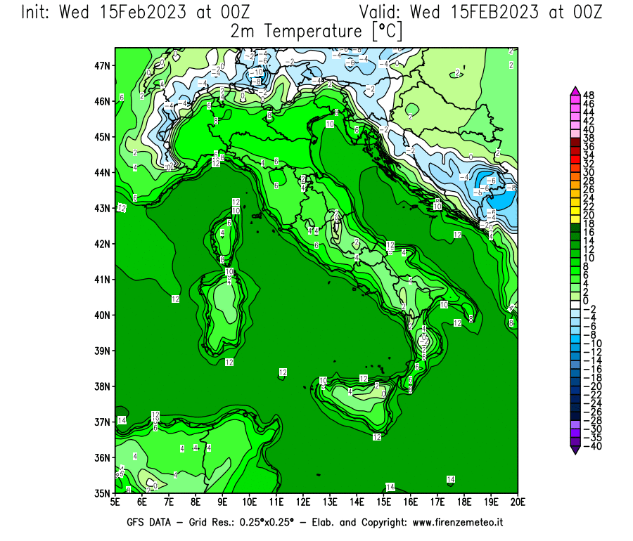 Mappa di analisi GFS - Temperatura a 2 metri dal suolo [°C] in Italia
							del 15/02/2023 00 <!--googleoff: index-->UTC<!--googleon: index-->