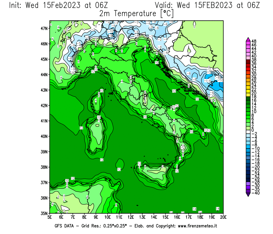 Mappa di analisi GFS - Temperatura a 2 metri dal suolo [°C] in Italia
							del 15/02/2023 06 <!--googleoff: index-->UTC<!--googleon: index-->
