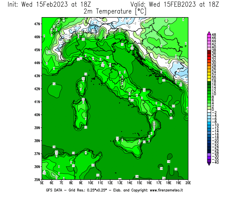 Mappa di analisi GFS - Temperatura a 2 metri dal suolo [°C] in Italia
							del 15/02/2023 18 <!--googleoff: index-->UTC<!--googleon: index-->