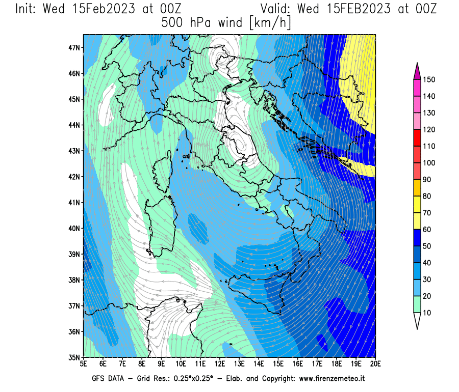 Mappa di analisi GFS - Velocità del vento a 500 hPa [km/h] in Italia
							del 15/02/2023 00 <!--googleoff: index-->UTC<!--googleon: index-->