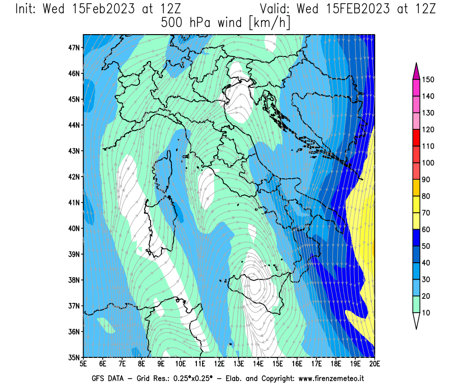 Mappa di analisi GFS - Velocità del vento a 500 hPa [km/h] in Italia
							del 15/02/2023 12 <!--googleoff: index-->UTC<!--googleon: index-->