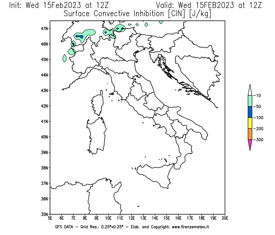 Mappa di analisi GFS - CIN [J/kg] in Italia
							del 15/02/2023 12 <!--googleoff: index-->UTC<!--googleon: index-->