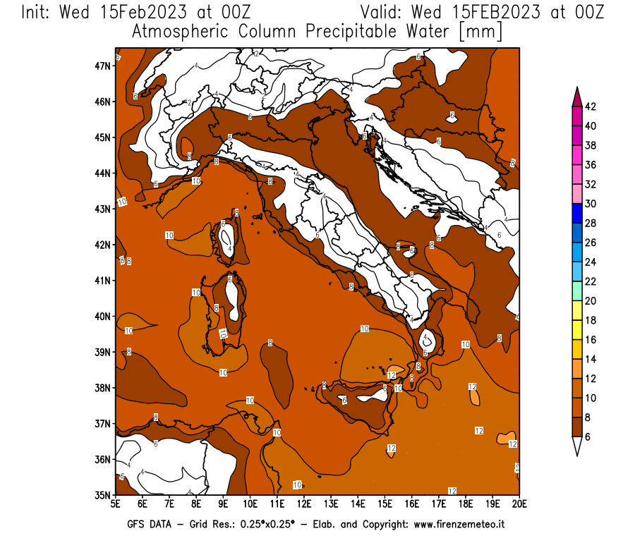 Mappa di analisi GFS - Precipitable Water [mm] in Italia
							del 15/02/2023 00 <!--googleoff: index-->UTC<!--googleon: index-->