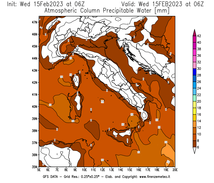 Mappa di analisi GFS - Precipitable Water [mm] in Italia
							del 15/02/2023 06 <!--googleoff: index-->UTC<!--googleon: index-->