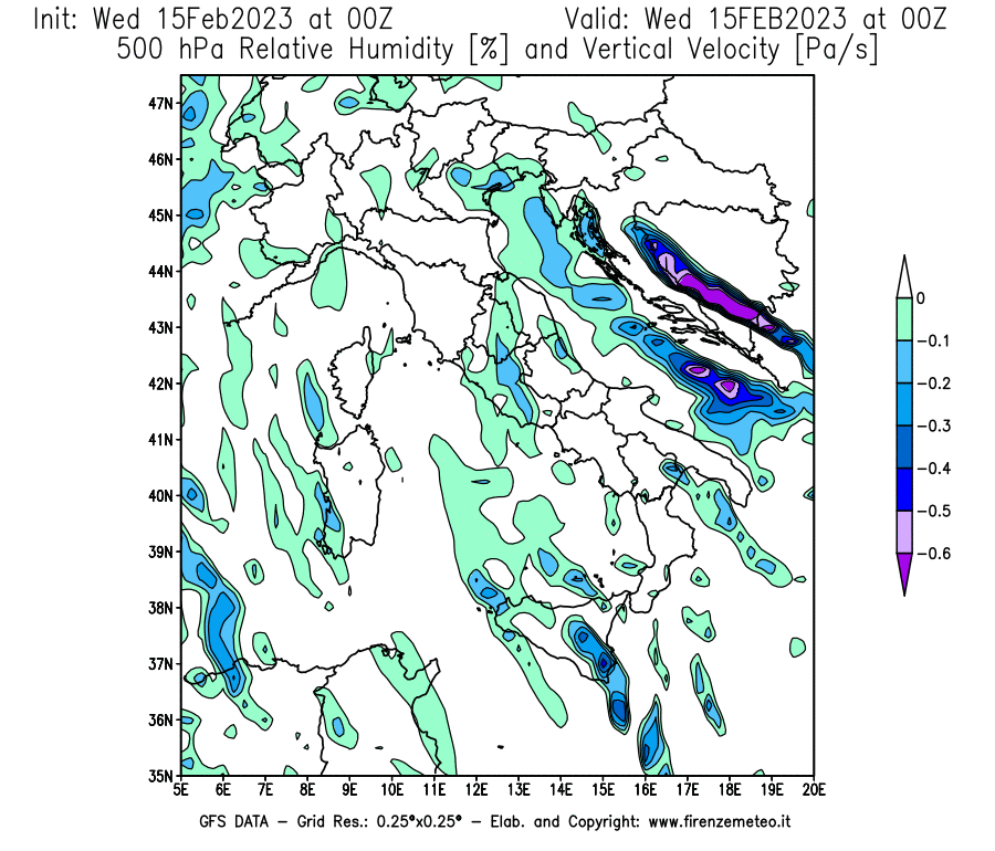 Mappa di analisi GFS - Umidità relativa [%] e Omega [Pa/s] a 500 hPa in Italia
							del 15/02/2023 00 <!--googleoff: index-->UTC<!--googleon: index-->
