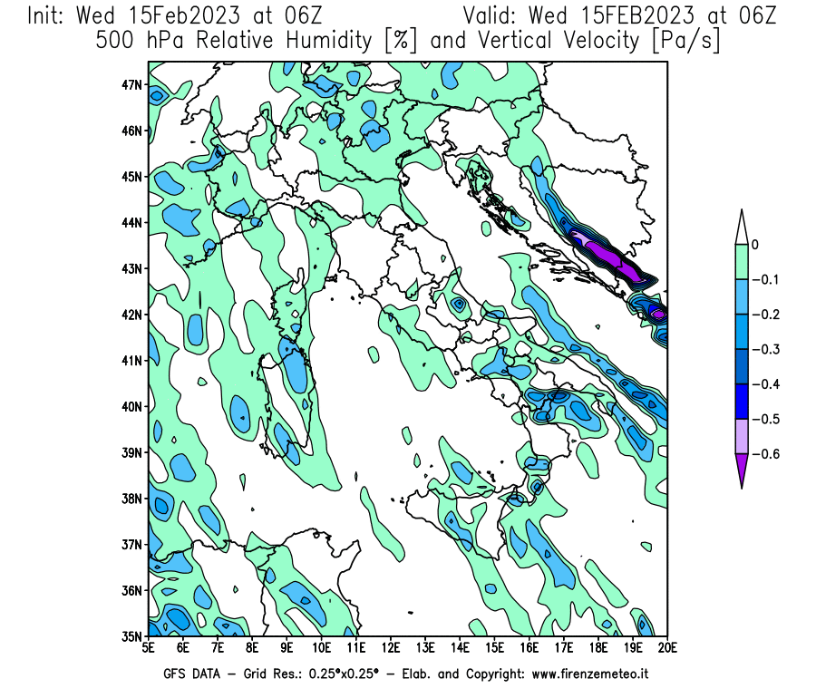 Mappa di analisi GFS - Umidità relativa [%] e Omega [Pa/s] a 500 hPa in Italia
							del 15/02/2023 06 <!--googleoff: index-->UTC<!--googleon: index-->