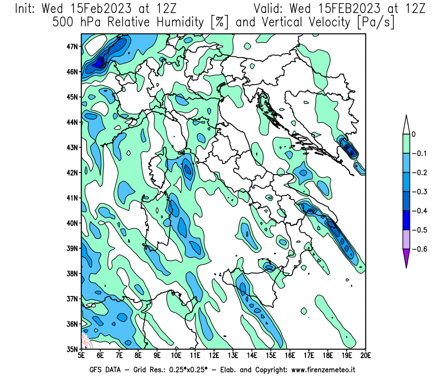 Mappa di analisi GFS - Umidità relativa [%] e Omega [Pa/s] a 500 hPa in Italia
							del 15/02/2023 12 <!--googleoff: index-->UTC<!--googleon: index-->