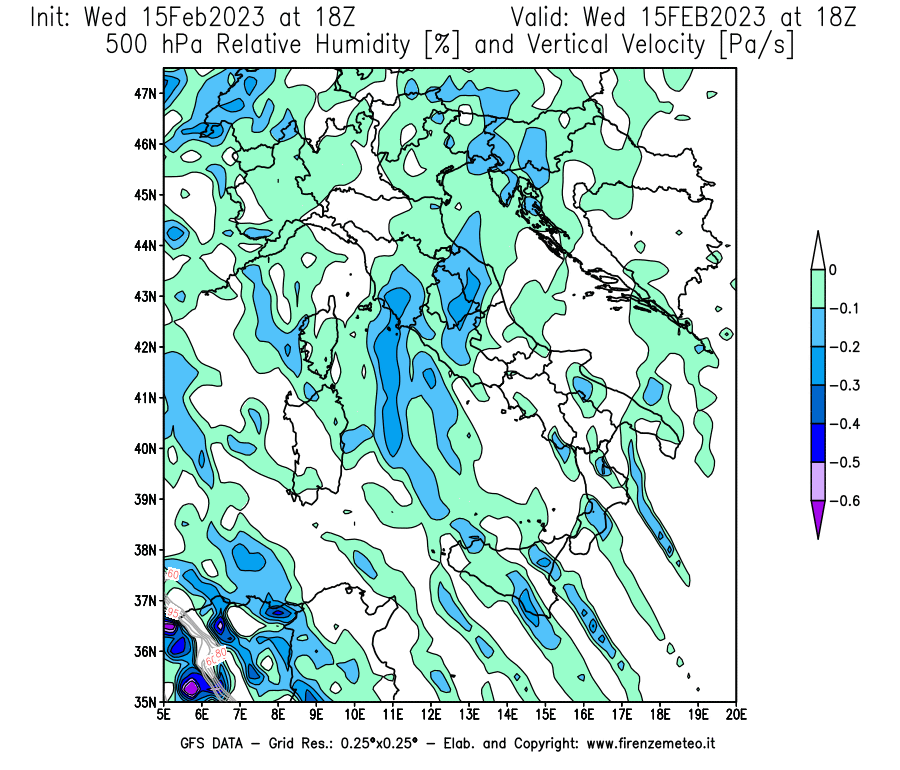 Mappa di analisi GFS - Umidità relativa [%] e Omega [Pa/s] a 500 hPa in Italia
							del 15/02/2023 18 <!--googleoff: index-->UTC<!--googleon: index-->