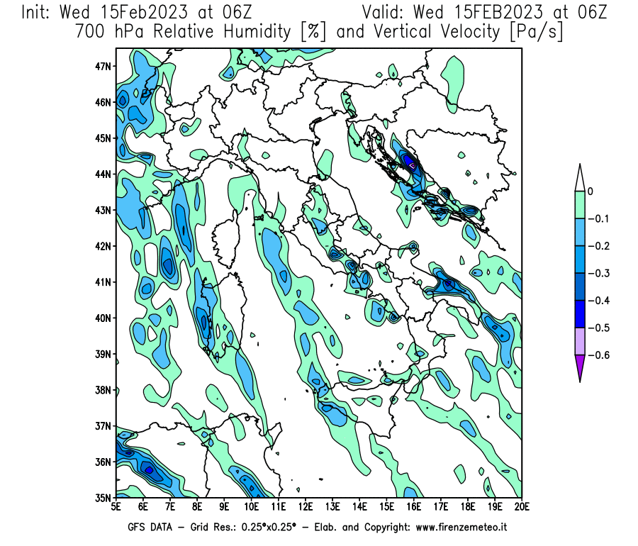 Mappa di analisi GFS - Umidità relativa [%] e Omega [Pa/s] a 700 hPa in Italia
							del 15/02/2023 06 <!--googleoff: index-->UTC<!--googleon: index-->
