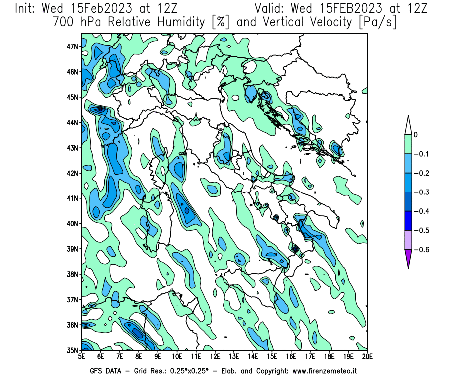 Mappa di analisi GFS - Umidità relativa [%] e Omega [Pa/s] a 700 hPa in Italia
							del 15/02/2023 12 <!--googleoff: index-->UTC<!--googleon: index-->