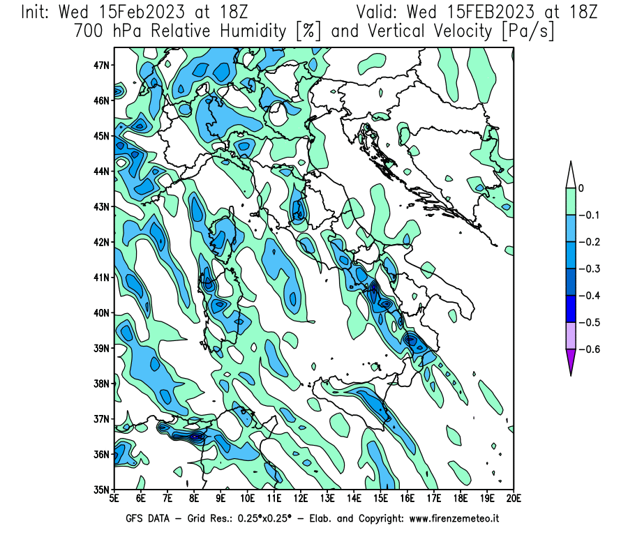 Mappa di analisi GFS - Umidità relativa [%] e Omega [Pa/s] a 700 hPa in Italia
							del 15/02/2023 18 <!--googleoff: index-->UTC<!--googleon: index-->