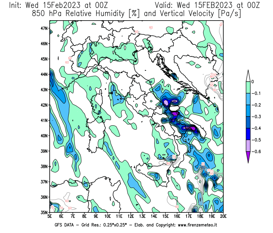 Mappa di analisi GFS - Umidità relativa [%] e Omega [Pa/s] a 850 hPa in Italia
							del 15/02/2023 00 <!--googleoff: index-->UTC<!--googleon: index-->