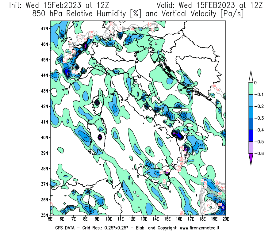 Mappa di analisi GFS - Umidità relativa [%] e Omega [Pa/s] a 850 hPa in Italia
							del 15/02/2023 12 <!--googleoff: index-->UTC<!--googleon: index-->