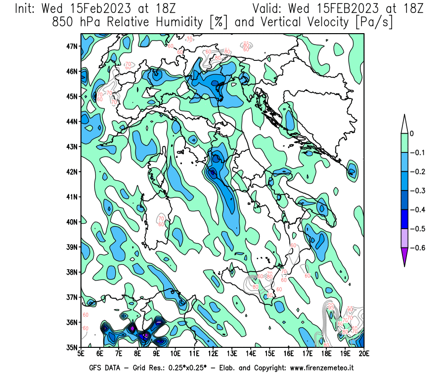 Mappa di analisi GFS - Umidità relativa [%] e Omega [Pa/s] a 850 hPa in Italia
							del 15/02/2023 18 <!--googleoff: index-->UTC<!--googleon: index-->
