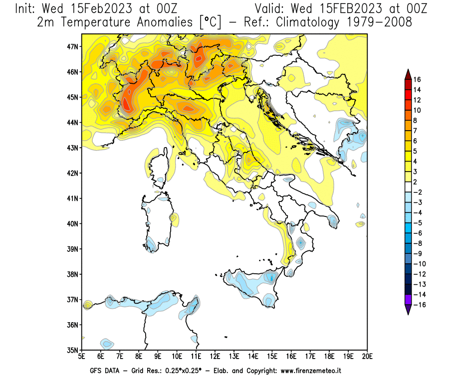 Mappa di analisi GFS - Anomalia Temperatura [°C] a 2 m in Italia
							del 15/02/2023 00 <!--googleoff: index-->UTC<!--googleon: index-->