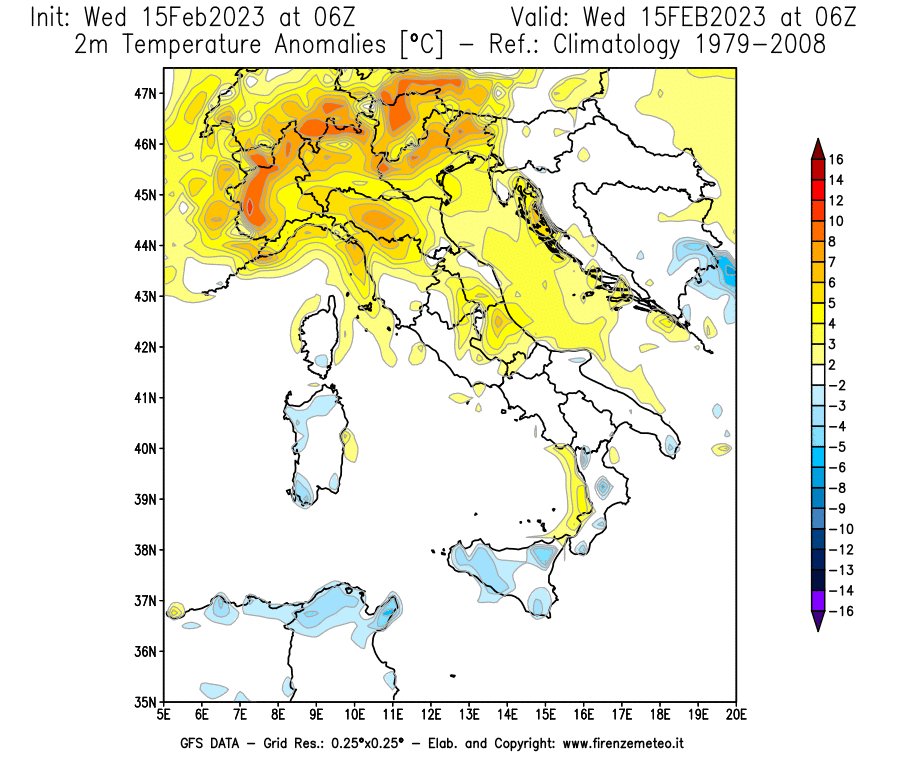Mappa di analisi GFS - Anomalia Temperatura [°C] a 2 m in Italia
							del 15/02/2023 06 <!--googleoff: index-->UTC<!--googleon: index-->
