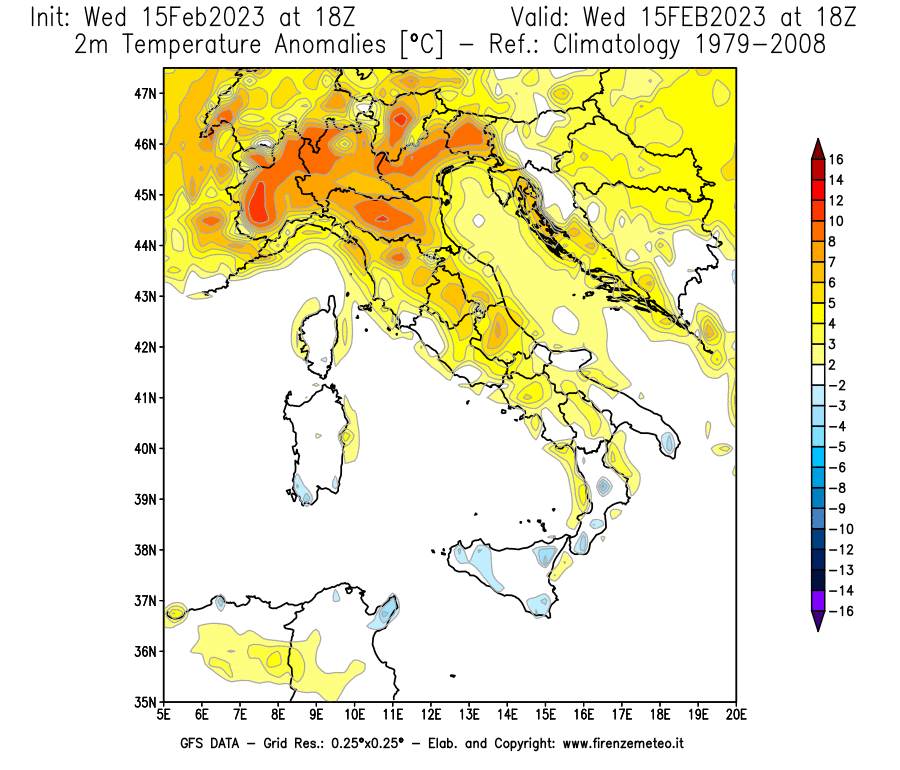 Mappa di analisi GFS - Anomalia Temperatura [°C] a 2 m in Italia
							del 15/02/2023 18 <!--googleoff: index-->UTC<!--googleon: index-->
