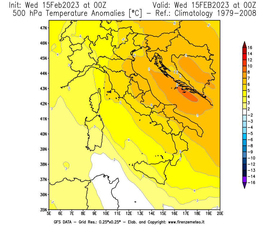 Mappa di analisi GFS - Anomalia Temperatura [°C] a 500 hPa in Italia
							del 15/02/2023 00 <!--googleoff: index-->UTC<!--googleon: index-->