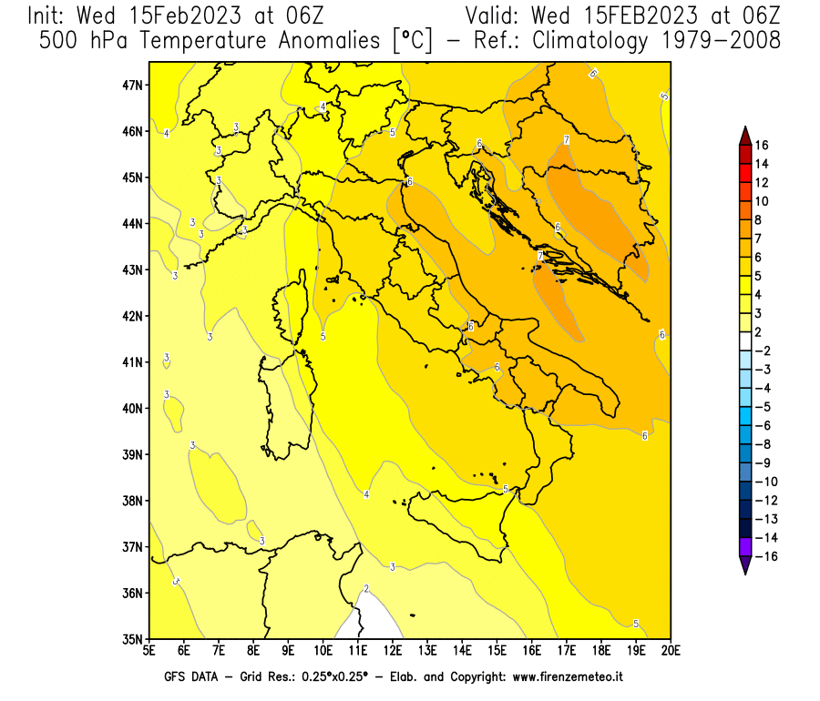 Mappa di analisi GFS - Anomalia Temperatura [°C] a 500 hPa in Italia
							del 15/02/2023 06 <!--googleoff: index-->UTC<!--googleon: index-->