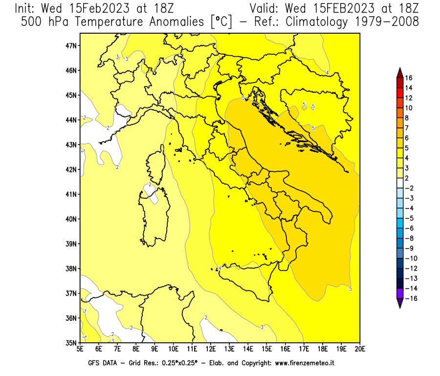 Mappa di analisi GFS - Anomalia Temperatura [°C] a 500 hPa in Italia
							del 15/02/2023 18 <!--googleoff: index-->UTC<!--googleon: index-->