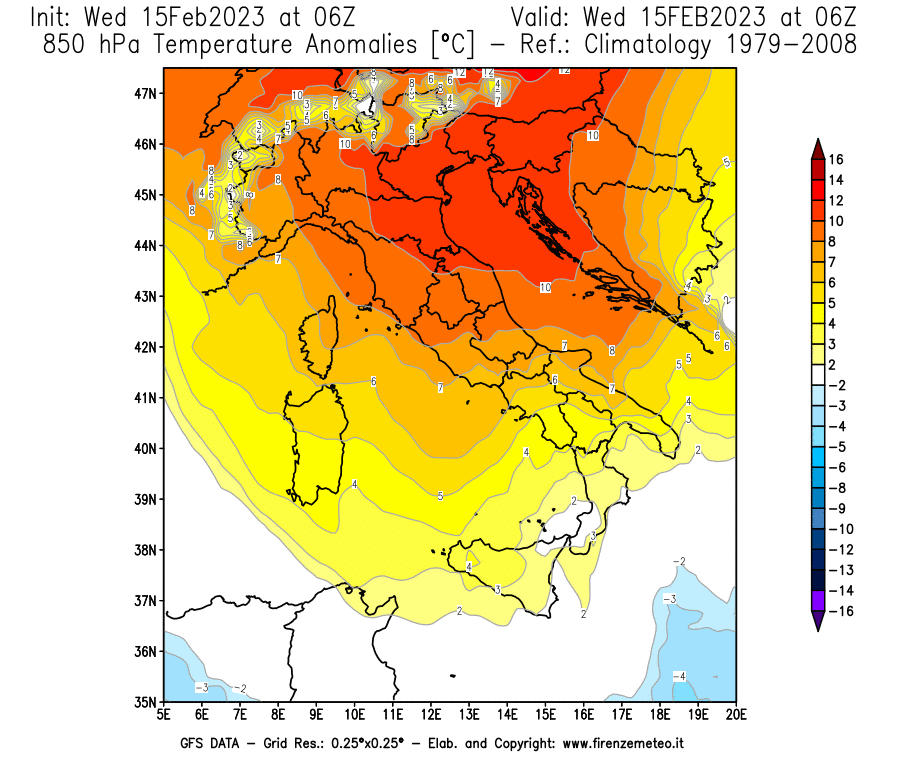 Mappa di analisi GFS - Anomalia Temperatura [°C] a 850 hPa in Italia
							del 15/02/2023 06 <!--googleoff: index-->UTC<!--googleon: index-->