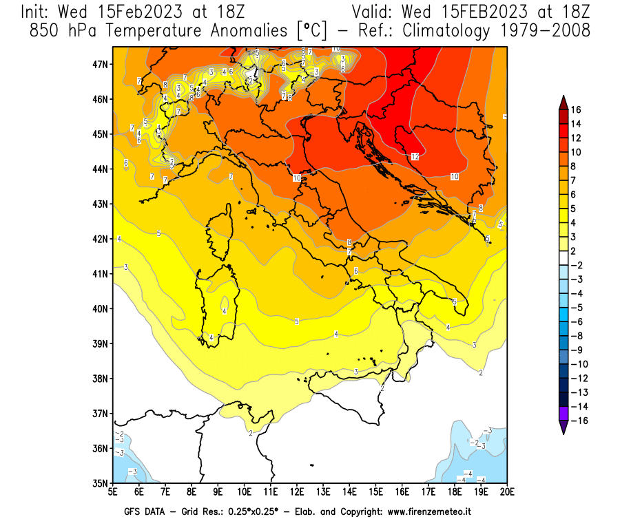 Mappa di analisi GFS - Anomalia Temperatura [°C] a 850 hPa in Italia
							del 15/02/2023 18 <!--googleoff: index-->UTC<!--googleon: index-->