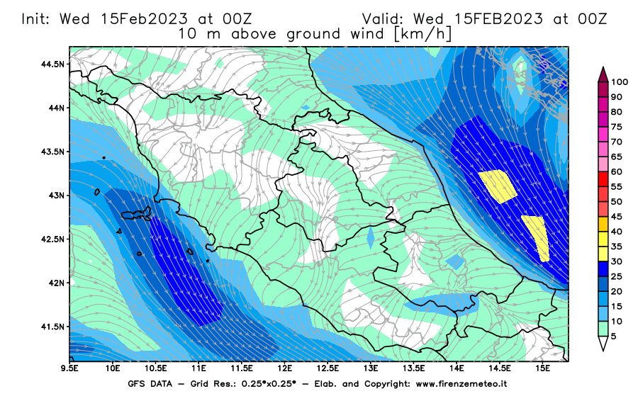 Mappa di analisi GFS - Velocità del vento a 10 metri dal suolo [km/h] in Centro-Italia
							del 15/02/2023 00 <!--googleoff: index-->UTC<!--googleon: index-->
