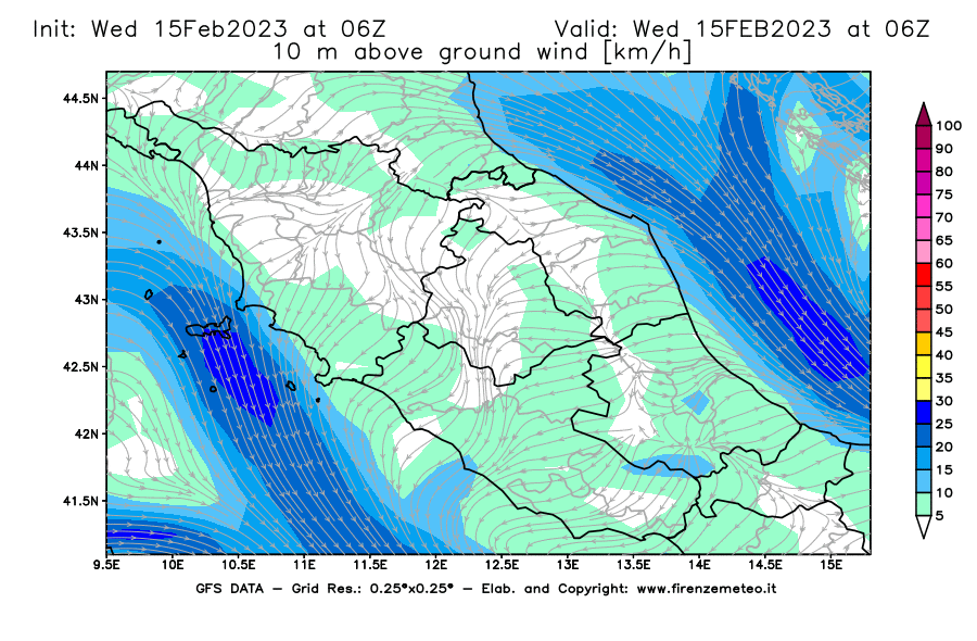Mappa di analisi GFS - Velocità del vento a 10 metri dal suolo [km/h] in Centro-Italia
							del 15/02/2023 06 <!--googleoff: index-->UTC<!--googleon: index-->