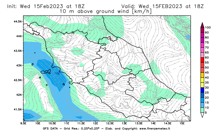 Mappa di analisi GFS - Velocità del vento a 10 metri dal suolo [km/h] in Centro-Italia
							del 15/02/2023 18 <!--googleoff: index-->UTC<!--googleon: index-->