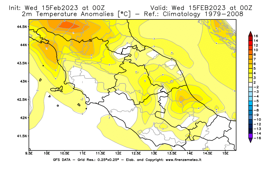 Mappa di analisi GFS - Anomalia Temperatura [°C] a 2 m in Centro-Italia
							del 15/02/2023 00 <!--googleoff: index-->UTC<!--googleon: index-->
