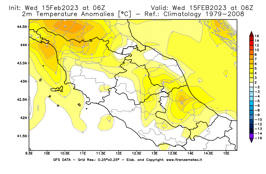 Mappa di analisi GFS - Anomalia Temperatura [°C] a 2 m in Centro-Italia
							del 15/02/2023 06 <!--googleoff: index-->UTC<!--googleon: index-->
