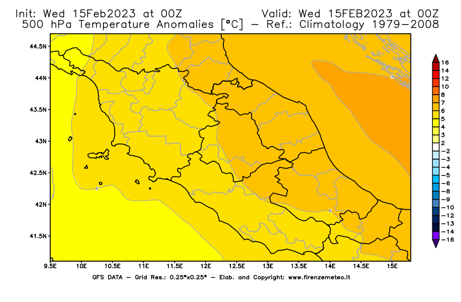Mappa di analisi GFS - Anomalia Temperatura [°C] a 500 hPa in Centro-Italia
							del 15/02/2023 00 <!--googleoff: index-->UTC<!--googleon: index-->