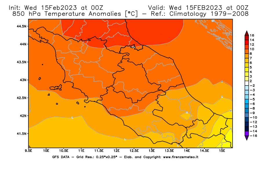 Mappa di analisi GFS - Anomalia Temperatura [°C] a 850 hPa in Centro-Italia
							del 15/02/2023 00 <!--googleoff: index-->UTC<!--googleon: index-->