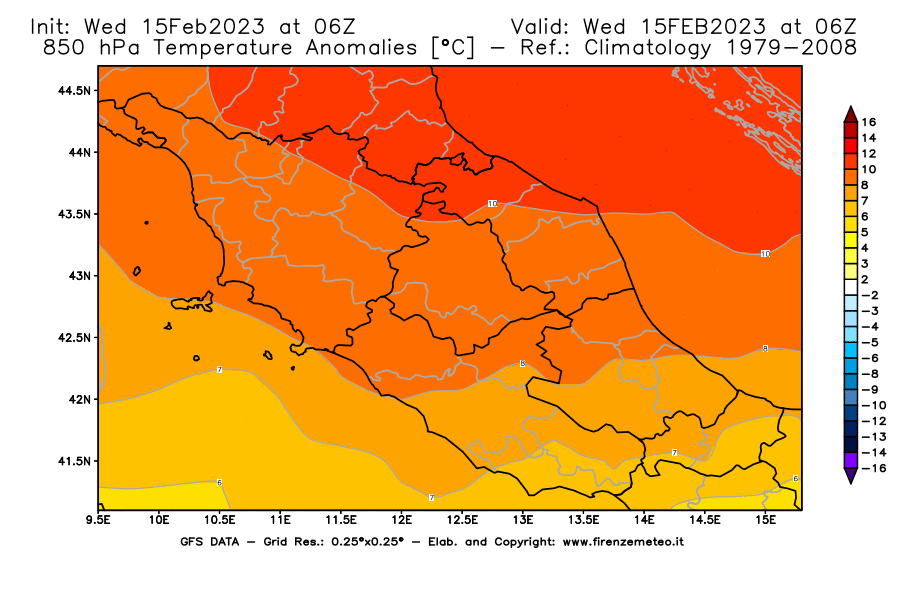 Mappa di analisi GFS - Anomalia Temperatura [°C] a 850 hPa in Centro-Italia
							del 15/02/2023 06 <!--googleoff: index-->UTC<!--googleon: index-->