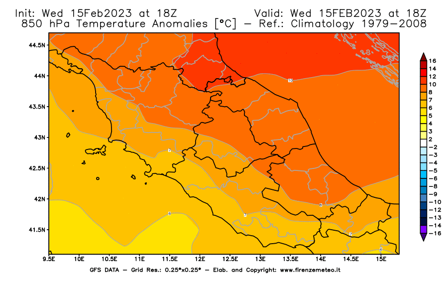 Mappa di analisi GFS - Anomalia Temperatura [°C] a 850 hPa in Centro-Italia
							del 15/02/2023 18 <!--googleoff: index-->UTC<!--googleon: index-->