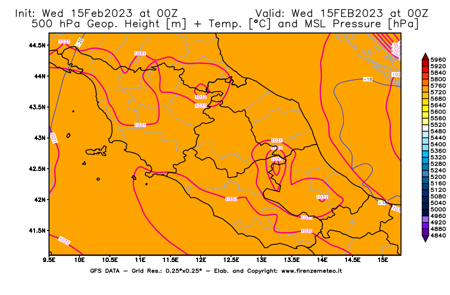 Mappa di analisi GFS - Geopotenziale [m] + Temp. [°C] a 500 hPa + Press. a livello del mare [hPa] in Centro-Italia
							del 15/02/2023 00 <!--googleoff: index-->UTC<!--googleon: index-->