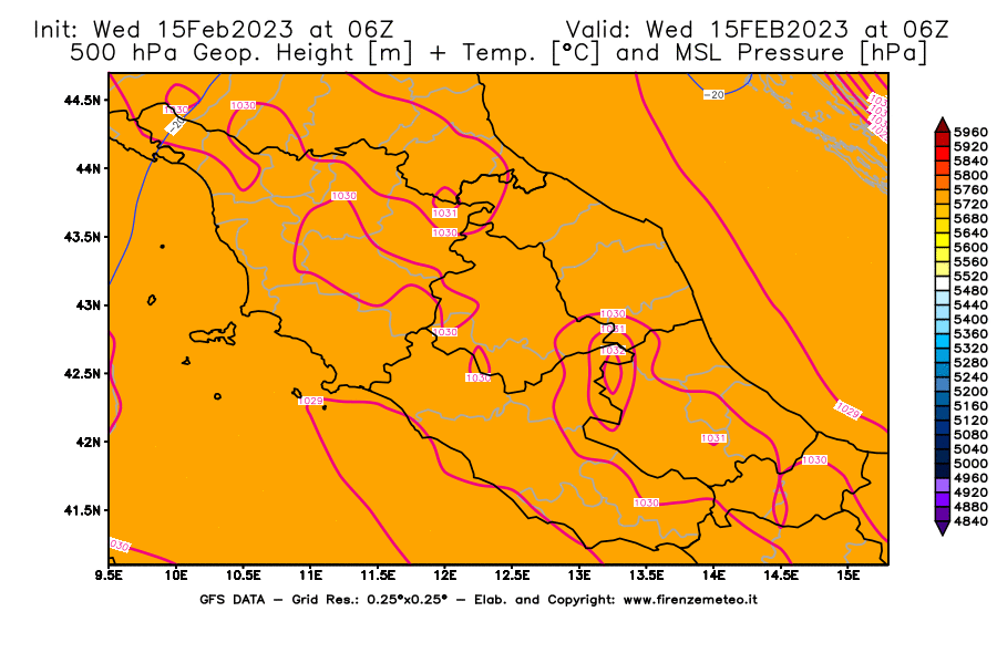 Mappa di analisi GFS - Geopotenziale [m] + Temp. [°C] a 500 hPa + Press. a livello del mare [hPa] in Centro-Italia
							del 15/02/2023 06 <!--googleoff: index-->UTC<!--googleon: index-->