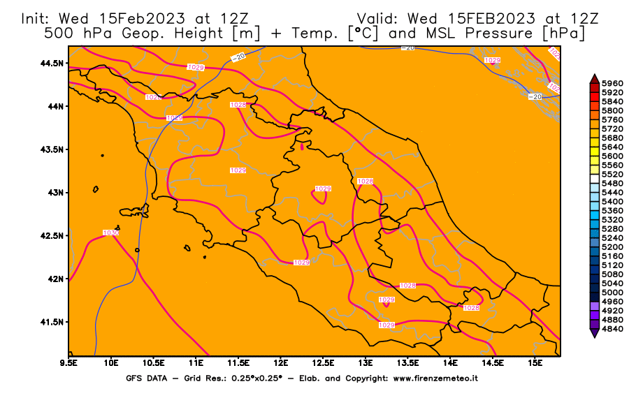 Mappa di analisi GFS - Geopotenziale [m] + Temp. [°C] a 500 hPa + Press. a livello del mare [hPa] in Centro-Italia
							del 15/02/2023 12 <!--googleoff: index-->UTC<!--googleon: index-->