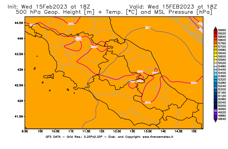 Mappa di analisi GFS - Geopotenziale [m] + Temp. [°C] a 500 hPa + Press. a livello del mare [hPa] in Centro-Italia
							del 15/02/2023 18 <!--googleoff: index-->UTC<!--googleon: index-->