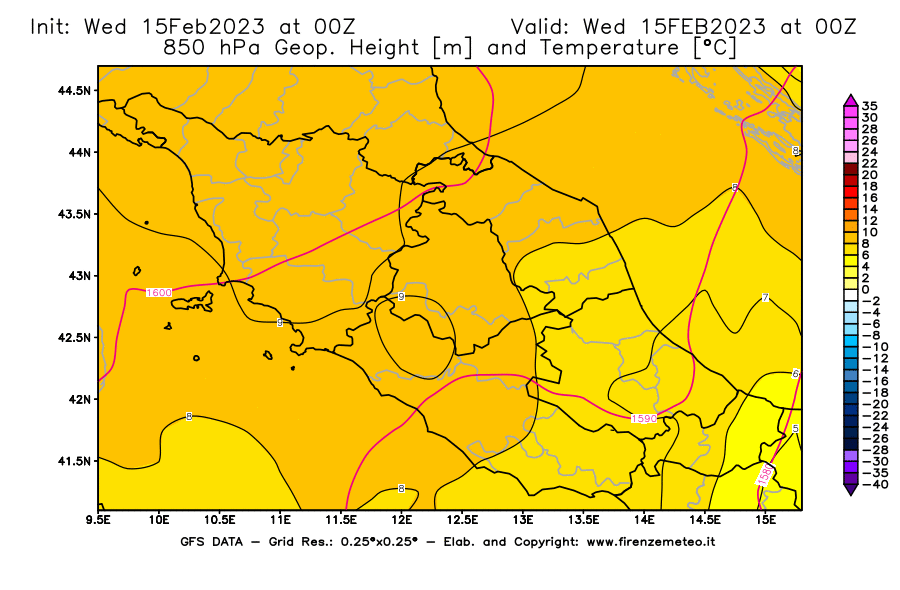 Mappa di analisi GFS - Geopotenziale [m] e Temperatura [°C] a 850 hPa in Centro-Italia
							del 15/02/2023 00 <!--googleoff: index-->UTC<!--googleon: index-->