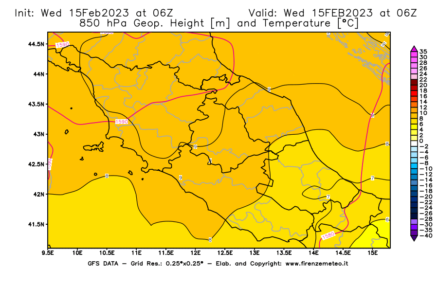 Mappa di analisi GFS - Geopotenziale [m] e Temperatura [°C] a 850 hPa in Centro-Italia
							del 15/02/2023 06 <!--googleoff: index-->UTC<!--googleon: index-->