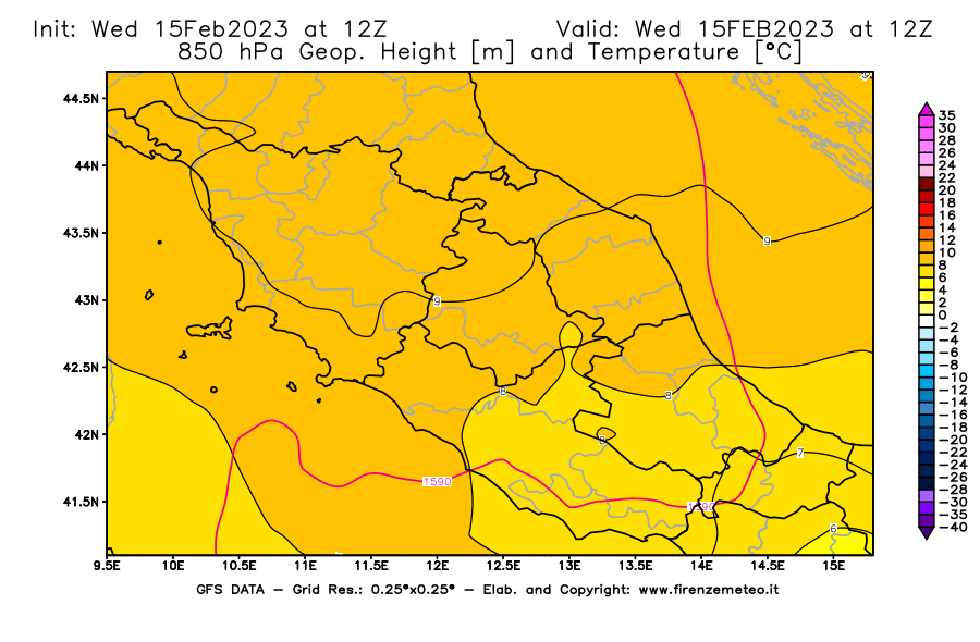 Mappa di analisi GFS - Geopotenziale [m] e Temperatura [°C] a 850 hPa in Centro-Italia
							del 15/02/2023 12 <!--googleoff: index-->UTC<!--googleon: index-->