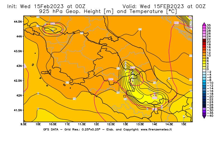 Mappa di analisi GFS - Geopotenziale [m] e Temperatura [°C] a 925 hPa in Centro-Italia
							del 15/02/2023 00 <!--googleoff: index-->UTC<!--googleon: index-->