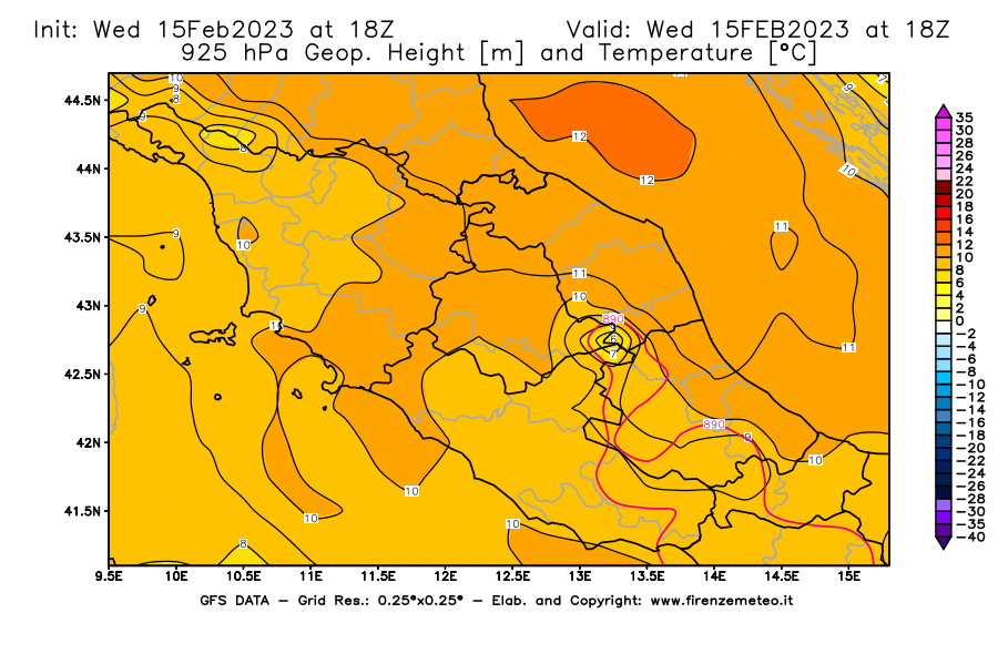 Mappa di analisi GFS - Geopotenziale [m] e Temperatura [°C] a 925 hPa in Centro-Italia
							del 15/02/2023 18 <!--googleoff: index-->UTC<!--googleon: index-->