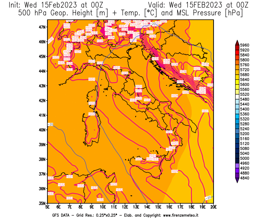 Mappa di analisi GFS - Geopotenziale [m] + Temp. [°C] a 500 hPa + Press. a livello del mare [hPa] in Italia
							del 15/02/2023 00 <!--googleoff: index-->UTC<!--googleon: index-->