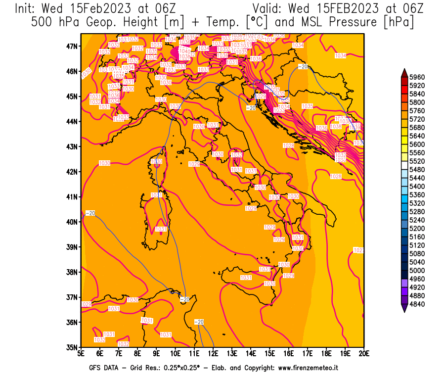 Mappa di analisi GFS - Geopotenziale [m] + Temp. [°C] a 500 hPa + Press. a livello del mare [hPa] in Italia
							del 15/02/2023 06 <!--googleoff: index-->UTC<!--googleon: index-->