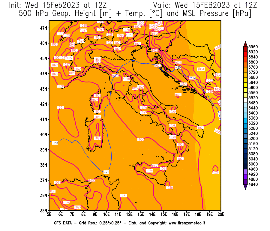 Mappa di analisi GFS - Geopotenziale [m] + Temp. [°C] a 500 hPa + Press. a livello del mare [hPa] in Italia
							del 15/02/2023 12 <!--googleoff: index-->UTC<!--googleon: index-->