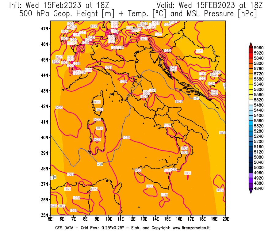 Mappa di analisi GFS - Geopotenziale [m] + Temp. [°C] a 500 hPa + Press. a livello del mare [hPa] in Italia
							del 15/02/2023 18 <!--googleoff: index-->UTC<!--googleon: index-->