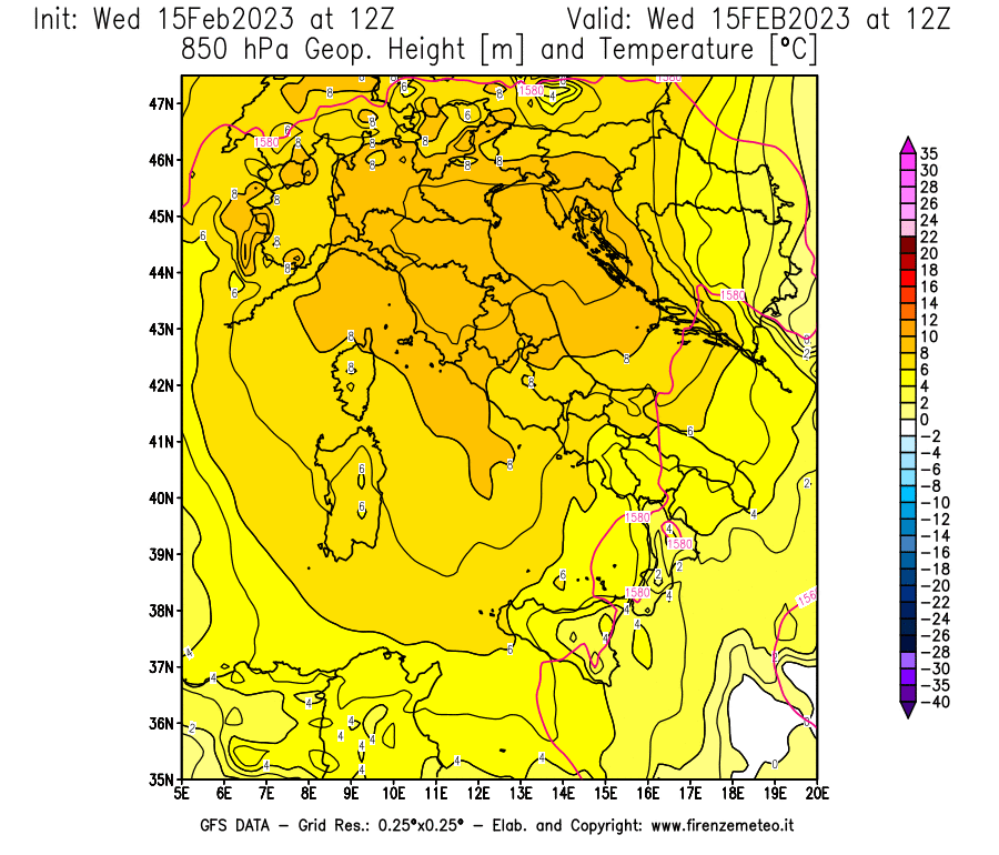 Mappa di analisi GFS - Geopotenziale [m] e Temperatura [°C] a 850 hPa in Italia
							del 15/02/2023 12 <!--googleoff: index-->UTC<!--googleon: index-->