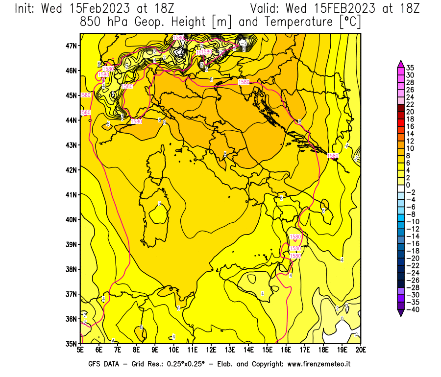 Mappa di analisi GFS - Geopotenziale [m] e Temperatura [°C] a 850 hPa in Italia
							del 15/02/2023 18 <!--googleoff: index-->UTC<!--googleon: index-->